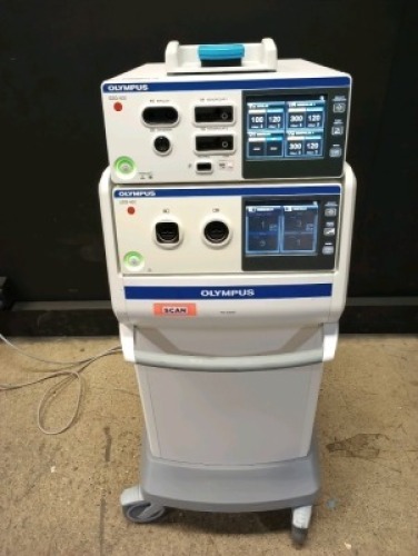 OLYMPUS ESG-400 ESU SYSTEM WITH FOOTSWITCH & USG-400 ULTRASONIC GENERATOR ON CART