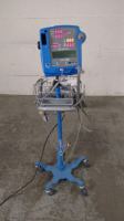 GE DINAMAP PRO 400V2 VITAL SIGNS MONITOR WITH CABLES (SPO2, BP) AND THERMOMETER ON ROLLING STAND