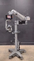 ALCON LUXOR SURGICAL MICROSCOPE TO INCLUDE SINGLE MOUNT BINOCULAR WITH EYEPIECES BOTH (10X) BOTTOM LENSE (WD 175) & MULTI-FUNCTION SWITCH ON STAND