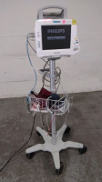 PHILIPS INTELLIVUE MP30 PATIENT MONITOR WITH MULTI-PARAMETER MODULE (M3001A) AND CABLES (ECG/RESP, SPO2, NBP) ON ROLLING STAND