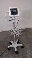 PHILIPS INTELLIVUE MP5 PATIENT MONITOR WITH CABLES (ECG/RESP, SPO2, NBP) ON ROLLING STAND