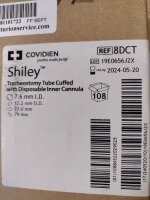 CASE OF COVIDIEN 8DCT SHILEY TRACHEOSTOMY TUBE CUFFED WITH DISPOSABLE INNER CANNULA EXP 05-20-2024 QTY PER CASE 108