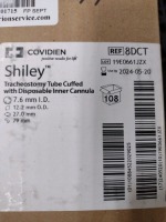 CASE OF COVIDIEN 8DCT SHILEY TRACHEOSTOMY TUBE CUFFED WITH DISPOSABLE INNER CANNULA EXP 05-20-2024 QTY PER CASE 108