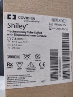 CASE OF COVIDIEN 8DCT SHILEY TRACHEOSTOMY TUBE CUFFED WITH DISPOSABLE INNER CANNULA EXP 05-20-2024 QTY PER CASE 108