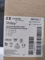 CASE OF COVIDIEN 8DCT SHILEY TRACHEOSTOMY TUBE CUFFED WITH DISPOSABLE INNER CANNULA EXP 05-20-2024 QTY PER CASE 108