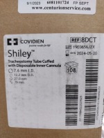 CASE OF COVIDIEN 8DCT SHILEY TRACHEOSTOMY TUBE CUFFED WITH DISPOSABLE INNER CANNULA EXP 05-20-2024 QTY PER CASE 108