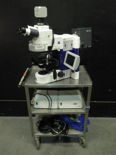 ZEISS AXIO IMAGER.M1 LAB MICROSCOPE WITH 2 EYEPIECES, 2 OBJECTIVES, COOL CUBE1, HBO 100, POWER SUPPLY 231, AND ACCESSORIES (NO CART)