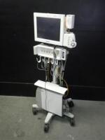 PHILIPS INTELLIVUE MP90 M8010A PATIENT MONITOR WITH M8026 REMOTE AND MODULE RACK ON ROLLING STAND