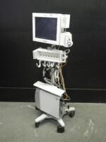 PHILIPS INTELLIVUE MP90 M8010A PATIENT MONITOR WITH M8026 REMOTE AND MODULE RACK ON ROLLING STAND