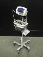 WELCH ALLYN 53STP VITAL SIGNS MONITOR WITH CABLES (SPO2 AND BP) ON ROLLING STAND