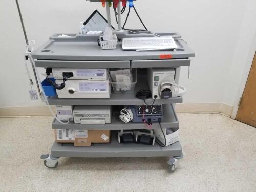 OLYMPUS EXERA II 180 ENDOSCOPY TOWER TO INCLUDE: CV-180 CAMERA WITH MAJ-1430 PIGTAIL, CLV-180 LIGHT SOURCE, UCR, CO2 REGULATION UNIT, OFP FLUSHING PUMP, SONY UP-55MD PRINTER AND BOSTON SCIENTIFIC ENDOSTAT III ELECTROSURGICAL GENERATOR