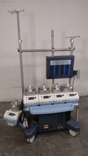 TERUMO/SARNS SYSTEM 1 PERFUSION SYSTEM WITH 5 ROLLER PUMPS, CENTRAL CONTROL MONITOR, ON ROLLING STAND