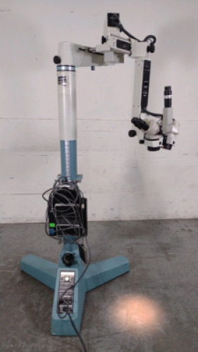 JKH FIBERMATIC SURGICAL MICROSCOPE WITH DUAL BINOCULARS (W10X-23MM AND W10X-23MM), ATTACHMENT (800008), DUAL BOTTOM LENSES (F=200 AND F=200), FOOTSWITCH, ON ROLLING STAND (039011)
