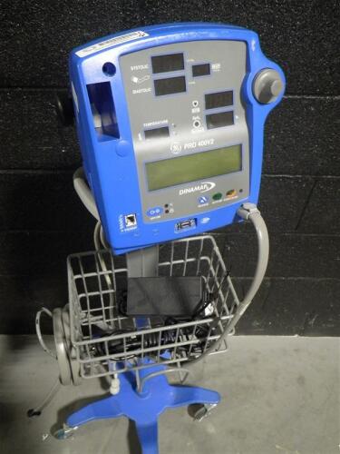 GE DINAMAP PRO 400V2 PATIENT MONITOR ON ROLLING STAND