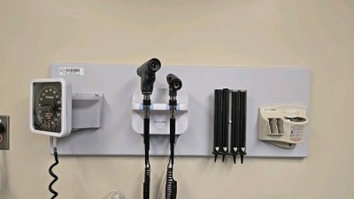 WELCH ALLYN INTEGRATED WALL BOARD SYSTEM TO INCLUDE: 777 TRANSFORMER WITH REF 23810 MACRO VIEW OTOSCOPE, REF 901022 PANOPTIC OPHTHALMOSCOPE, SPHYGMOMANOMETER, DIGITAL THERMOMETER DOCK STATION, SPECULA TIP DISPENSER