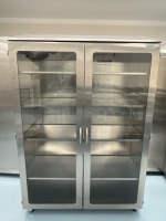 MOBILE STAINLESS STEEL DOUBLE GLASS DOOR, 5-SHELF CABINET-CONTENT NOT INCLUDED (5')