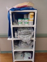 PATIENT SAFETY AND SANITATION SUPPLIES WITH CART: CLOROX HEALTHCARE WIPES, STRYKER SIDEKICK WIPES, HEAT REFLECTIVE WARMING CAPS, INFANT HEEL WARMER, ASPEN SURGICAL SURGISAFE CORD COVERS