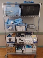 PATIENT SUPPORT DISPOSABLES AND CART: ARJO PASSIVE CLIP SLINGS, HIP WRAPS, MEDLINE GLIDECOMFORT LATERAL TRANSFER SHEETS, GEL ICE PACKS, PROTECTIVE EYEWEAR FRAMES WITH DISPOSABLE EYE SHIELDS