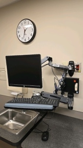 ERGOTRON WALL MOUNT, QTY (8) WITH HP PRODISPLAY P19A MONITOR, KEYBOARD (CPU NOT INCLUDED)