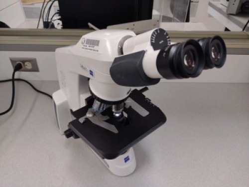 ZEISS LAB A1 AXIO MICROSCOPE WITH (E-PI 10X/20, E-PI 10X/20) OCULAR LENS, (N/NACROPLAN 50X/1, 0, A-PLAN 100X/1.25, 5X/0, 12, A-PLAN 10X/0, 25) OBJECTIVES
