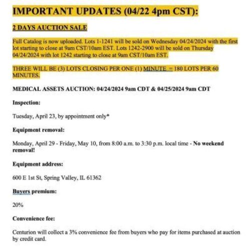 IMPORTANT-UPDATES-PLEASE-READ: By Order of the U.S. Bankruptcy Court case no. 23-11641, assets of Saint Margaret’s Hospital Spring Valley, IL *2 DAYS AUCTION SALE* Due to large quantity of items we need to have 2 days sale: 24th 9am cdt and 25th 9am cdt s