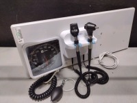 WELCH ALLYN GS 777 OTO/OPTHALMOSCOPE WITH HEADS & SPHYGMOMANOMETER ON WALL MOUNT