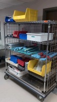 ASSORTED BINS AND LOOSE SURGICAL INSTRUMENTS (RACK NOT INCLUDED)