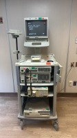 OLYMPUS CV-200 ENDOSCOPIC TOWER: CV-200 CAMERA, CLV-U40 LIGHT SOURCE, CLV-S20 LIGHT SOURCE, OEP COLOR VIDEO PRINTER, SONY UP-D697 PRINTER, OEV142 14" MONITOR ON WM-30 MOBILE WORKSTATION (O293)