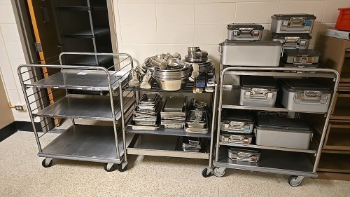 QTY. 3 STAINLESS STEEL CARTS WITH BASINS, STERILIZATION CASES AND CONTENTS OF SHELF LOCATED AT 2661 CO. HWY I, CHIPPEWA FALLS, WI 54729