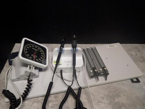 WELCH ALLYN 777 OTO/OPTHALMOSCOPE WITH HEADS & SPHYGMOMANOMETER ON WALL MOUNT