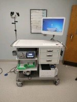 ENDOCHOICE FSP-100 VIDEO ENDOSCOPE SYSTEM: ENDOCHOICE FSP-100 CAMERA, MEDIVATORS STRATUS IRRIGATION PUMP WITH FOOT CONTROL, CYBERNET CYBERMED H22 22 INCH MONITOR, SOLID TEK KEYBOARD, HP LASERJET PRO M252DW PRINTER ON ENDOCHOICE CART AND SAMSUNG (located