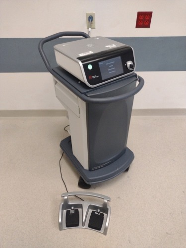 ETHICON GEN 11 ELECTROSURGICAL UNIT WITH FOOT PEDAL AND MANUAL ON CART