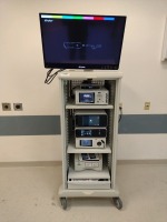 STRYKER ENDOSCOPY TOWER: 1688 4 K CAMERA, SDC4 INFORMATION MANAGEMENT SYSTEM, SYNK 4K WIRELESS TRANSMITTER, PRECISION LED LIGHT SOURCE, PNEUMOCLEAR CO2 INSUFFLATOR, SDP1000 COLOR PRINTER AND 32" 4K OLED SURGICAL DISPLAY
