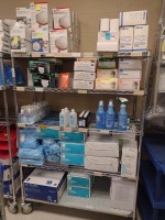 MASKS, SAFETY GOGGLES, BOUFFANT CAPS, BOOT COVERS, HAND SANITIZER WITH CART, LOC: MATMAG