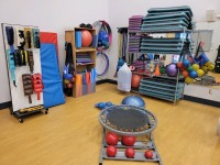 LOT OF EXERCISE EQUIPMENT (STEPPERS, YOGA MATS, RESISTANT BANDS, TRAMPOLINE)