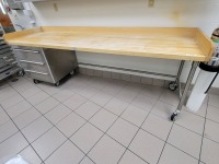 WORK TABLE, WOODBLOCK WITH STAINLESS UNDER COUNTER CABINET ON WHEELS, 8'6" X 28" LOC: KITCHEN/CAF&Eacute;