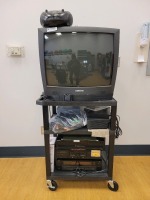 ENTERTAINMENT CART TO INCLUDE SAMSUNG TV, SONY DVD PLAY, EMERSON VCR, SONY 5 DISC DC CHANGER, JVC TD-W318 DOUBLE CASSTTE DECK, JVC RX-503 FM/AM RECEIVER