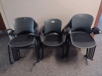 CHAIRS, STACKABLE MESH SEAT WITH ARMRESTS, ROLLING, QTY. 14, LOC: COMMUNITY ROOM 1