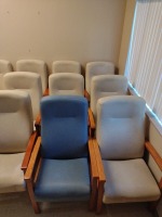 CHAIRS, WOOD FRAME, HIGH BACK WITH ARMRESTS, QTY: 15, LOC: RM 116