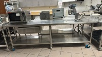 WORKTABLE, 8' X 30" X 36" STAINLESS STEEL, BOTTOM SHELF AND DRAWER, ROLLING (TABLE ONLY) LOC: KITCHEN/CAFE