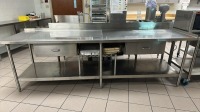 WORKTABLE, STAINLESS STEEL WITH BOTTOM SHELF AND 2 DRAWERS, 8' X 30" X 36", LOC: KITCHEN/CAFE