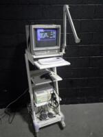 OLYMPUS EU-M30S ENDOSCOPY SYSTEM WITH MAJ-682 PROBE, OLYMPUS FOOTSWITCH ON ROLLING CART