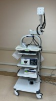 OLYMPUS 190 ENDOSCOPY TOWER SYSTEM TO INCLUDE: OLYMPUS EVIS EXERA III CLV-190 LIGHT SOURCE, OLYMPUS OEP-5 COLOR VIDEO PRINTER, LEXION INSUFLOW GAS CONDITIONING UNIT ON CART