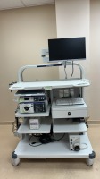 OLYMPUS 190 ENDOSCOPY TOWER SYSTEM TO INCLUDE: OLYMPUS EVIS EXERA III CLV-190 LIGHT SOURCE, OLYMPUS EVIS EXERA III CV-190 VIDEO PROCESSOR, OLYMPUS UCR REGULATION UNIT, OLYMPUS OFP ENDOSCOPIC FLUSHING PUMP ON CART