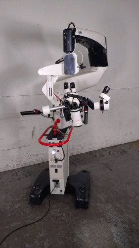 LEICA M500-N SURGICAL MICROSCOPE WITH DUAL BINOCULARS (10X/21 GLASSES AND 10X/21 GLASSES), VIEWING ATTACHMENT (10X/21 GLASSES), MS-2 ROLLING STAND