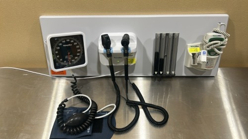 WELCH ALLYN GS 777 WALL TRANSFORMER W/ 2 HEADS (1-23810), SPHYGMOMANOMETER, PROBE DISPENSER, SURETEMP DIGITAL THERMOMETER W/ CRADLE ON WALLBOARD LOCATED AT: LOCATED AT: 1 MEDICAL CENTER BLVD, CHESTER, PA 19013