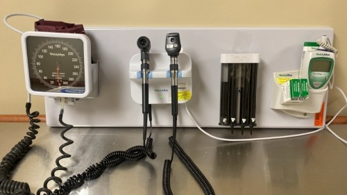 WELCH ALLYN 777 WALL TRANNFORMER W/ HEADS (23810 OTTO), SPHYGMOMANOMETER, PROBE DISPENSER, SURETEMP DIGITAL THERMOMETER W/ CRADLE ON WALLBOARD LOCATED AT: LOCATED AT: 1 MEDICAL CENTER BLVD, CHESTER, PA 19013 1/PPE
