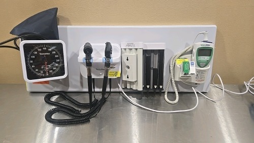 WELCH ALLYN GS 777 WALL TRANSFORMER W/ 2 HEADS (1-23810), SPHYGMOMANOMETER, PROBE DISPENSER, SURETEMP DIGITAL THERMOMETER W/ CRADLE ON WALLBOARD LOCATED AT: LOCATED AT: 1 MEDICAL CENTER BLVD, CHESTER, PA 19013