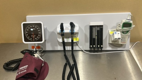 WELCH ALLYN GS 777 WALL TRANSFORMER W/ 2 HEADS (1-23810), SPHYGMOMANOMETER, PROBE DISPENSER, SURETEMP DIGITAL THERMOMETER W/ CRADLE ON WALLBOARD LOCATED AT: LOCATED AT: 1 MEDICAL CENTER BLVD, CHESTER, PA 19013