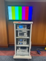 STRYKER 1588 ARTHROSCOPY TOWER TO INCLUDE: 1588 AIM CAMERA, SDC3 HD INFORMATION MANAGEMENT SYSTEM, L9000 LED LIGHT SOURCE, SYNK WIRELESS TRANSMITTER , PNEUMO SURE HIGH FLOW INSUFFLATOR, SDP1000 PRINTER AND 32" 4K DISPLAY WITH COVER ON CART LOCATED AT: LOC